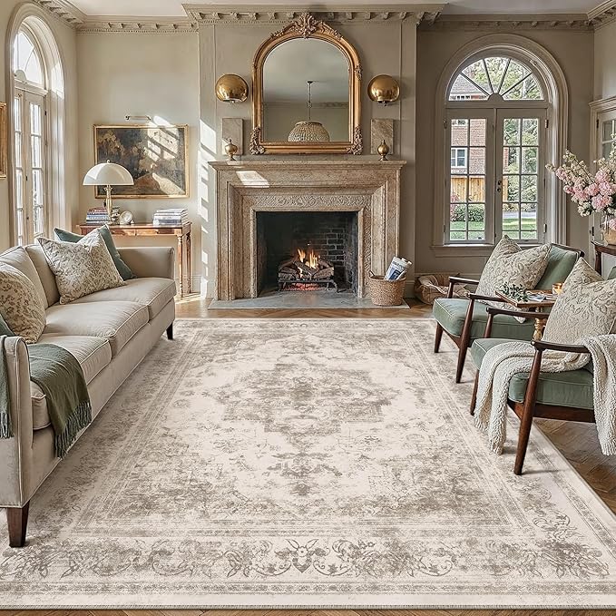 PureCozy Area Rug 8x10 Beige Washable Living Room Carpet Non Slip Vintage Medallion Indoor Bedroom Carpet Low Pile Soft Retro Distressed Large Rug Home Office Dining Room Playroom