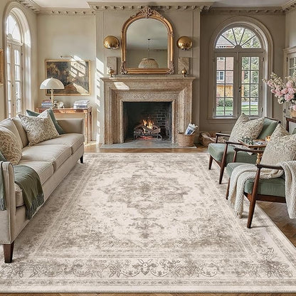 PureCozy Area Rug 8x10 Beige Washable Living Room Carpet Non Slip Vintage Medallion Indoor Bedroom Carpet Low Pile Soft Retro Distressed Large Rug Home Office Dining Room Playroom