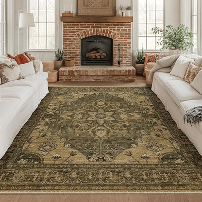 RELEANY Area Rugs Square 8ft Washable Non-Slip, Floral Vintage Distress Print Pattern Medallion Carpet for Living Room Bedroom Dining Room, Brown Dark Brown