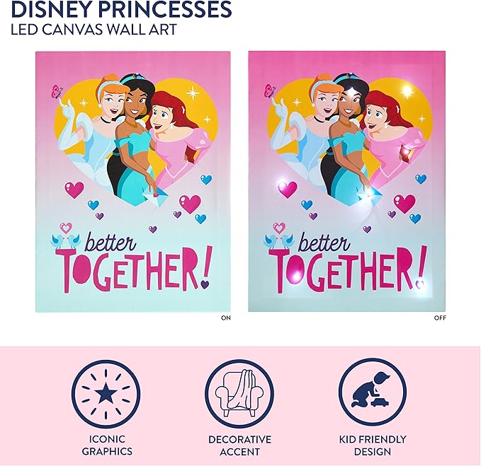 Disney Princess Canvas LED Wall Art – 11.5" x 15.75" Children's Hanging Décor, Light-Up Artwork for Kids' Rooms