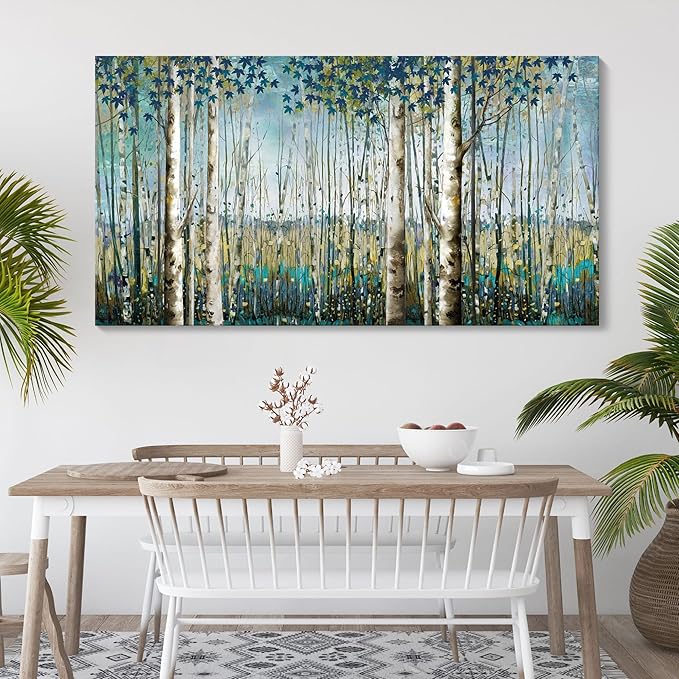 Large Birch Tree Wall Art Framed Forest Landscape Painting - Nature Wall Art for Living Room, Oversized Canvas Pictures for Wall Decor, Green Wall Decor Framed Artwork for Walls 29x58 Inches