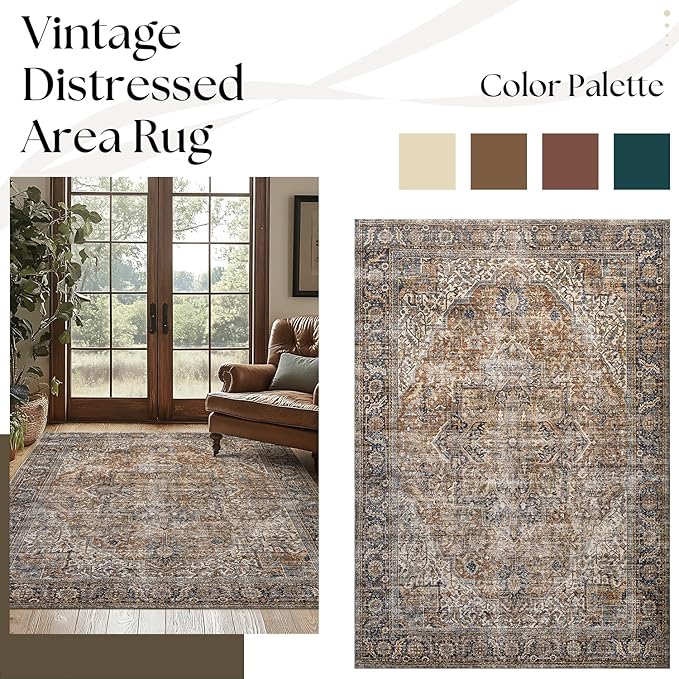BILEEHOME Brown Rug for Living Room 8x10 Washable Organic Rustic Western Area Rugs for Cabin,Brown and Teal Blue