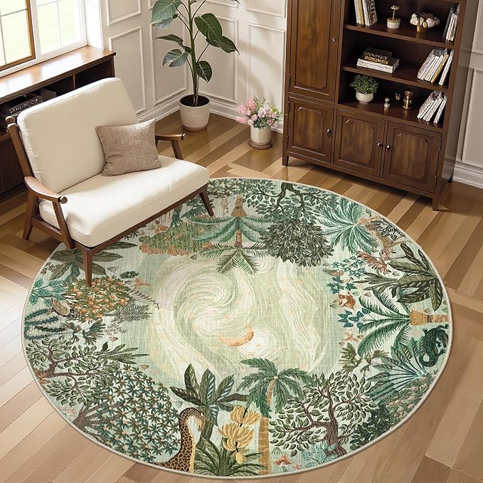 GarveeHome Round Area Rugs 5ft for Bedroom, Green Jungle Washable Circle Rug Soft Non Slip Forest Animal Print Floor Mat Tiger Carpet Indoor Thin Rug for Kids Room Dining Room Playroom Nursery