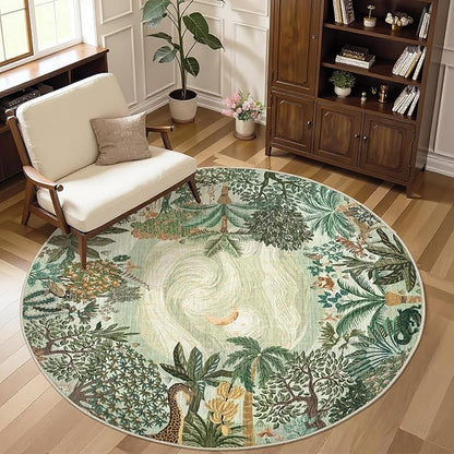 GarveeHome Round Area Rugs 8ft for Living Room, Large Green Jungle Washable Circle Rug Soft Non Slip Forest Animal Print Floor Mat Tiger Carpet Indoor Thin Rug for Bedroom Dining Room Playroom Nursery