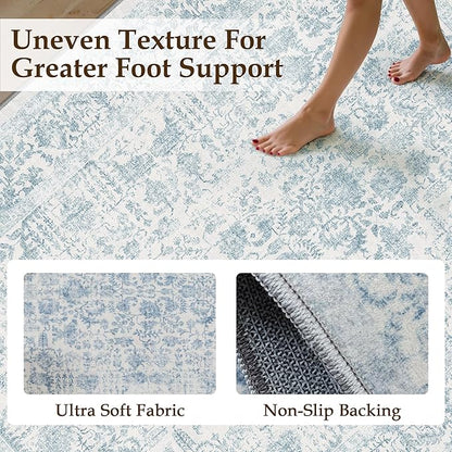 PureCozy Blue Area Rug 6x9 Soft Washable Vintage Living Room Distressed Non Slip Carpet Traditional Indoor Bedroom Retro Floral Accent Throw Large Rug for Office Kitchen Dining Room