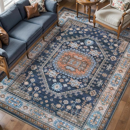 Tangsoo Vintage 5x7 Washable Area Rug for Living Room,Boho Indoor Non Slip Rug Large Soft Low Pile Rugs Foldable Floor Carpet for Bedroom Dining Room Dorm Home Decor Blue Orange
