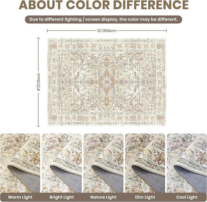 zesthome 9x12 Area Rugs-Washable Rug for Living Room, Non-Slip Backing Rugs, Stain Resistant Rug for Bedroom, Ultra-Thin Low Pile Rugs, Vintage Large Home Decor