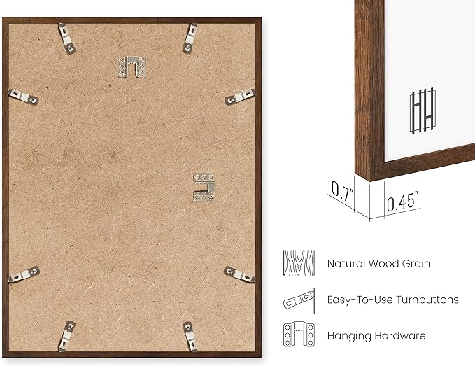 HAUS AND HUES Walnut Wood 11x14 Picture Frames - Set of 9, Natural Frames with Plexiglass and Hanging Hardware (Walnut Oak Frame)