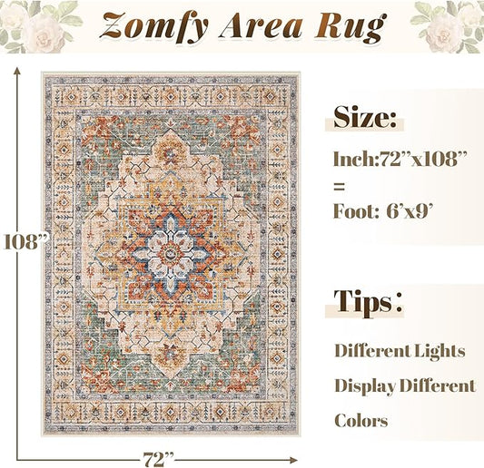 Area Rug 6x9 Vintage Rug: Washable Indoor Medallion Rugs Low Pile Distressed Floor Carpet Retro Accent Rug for Living Room Bedroom Kitchen Dining Table Home Office(Green/Yellow, 6'x9')