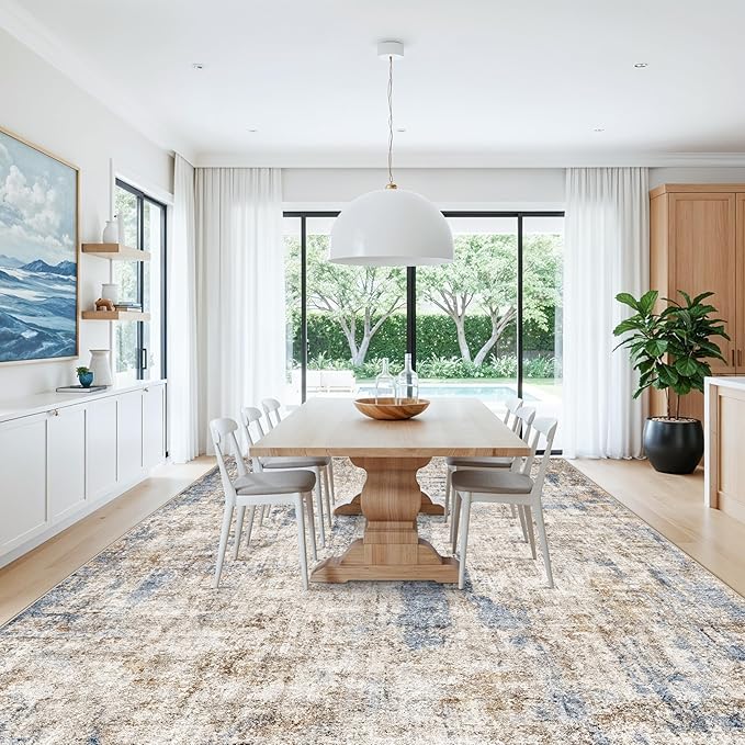 10x14 Large Rug Living Room – Washable Neutral Modern Abstract Rug for Bedroom Dining Room Home Office – Soft Thin Low Pile Non-Slip Big Carpet (Blue Brown)