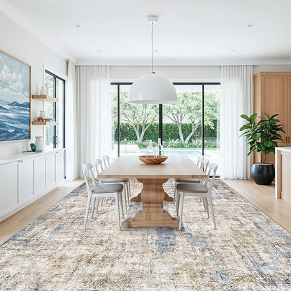 12x14 Area Rug for Living Room – Washable Non-Slip Soft Extra Large Carpet for Bedroom Dining Room Family Room, Modern Neutral Abstract Low Pile Thin Indoor Big Rug（Blue Brown）