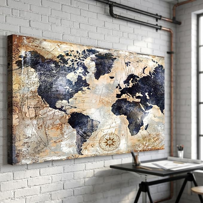 Framed Vintage World Map Canvas Wall Art Navy Blue and Tan Rustic Distressed Style Large Horizontal Print for living Room Bedroom Dining Office Home Artwork Size 36 x 70 in