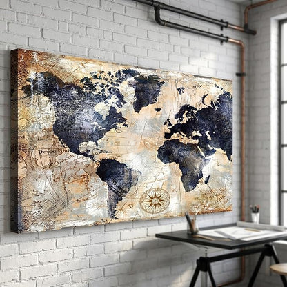 Framed Vintage World Map Canvas Wall Art Navy Blue and Tan Rustic Distressed Style Large Horizontal Print for living Room Bedroom Dining Office Home Artwork Size 36 x 70 in