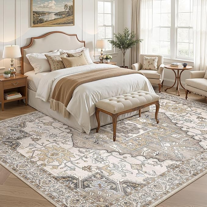 10x13 Washable Area Rugs for Living Room: Non Slip Vintage Brown Rug, Large Soft Stain Resistant Indoor Floor Carpets for Bedroom Dining Room Nursery Home Office Kid & Pet Friendly