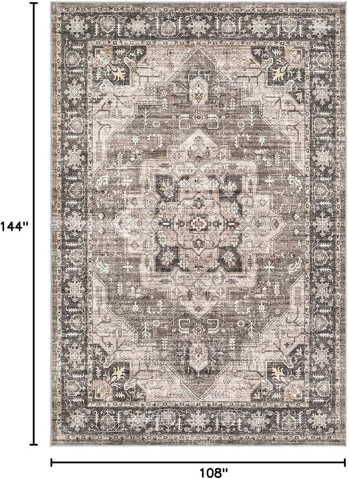 Area Rug 9x12 Washable Vintage - Soft Traditional Rugs for Living Room Large Non Slip Backing with Low Pile Farmhouse Oriental Retro Carpet for Bedroom Dining Room or Home Office - Dark Brown