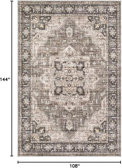 Area Rug 9x12 Washable Vintage - Soft Traditional Rugs for Living Room Large Non Slip Backing with Low Pile Farmhouse Oriental Retro Carpet for Bedroom Dining Room or Home Office - Dark Brown