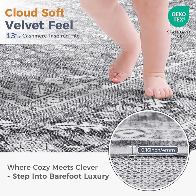 OPPODREAM Vintage Grey Area Rugs 6x9, 6 x 9 Retro Washable Rug Non Slip, Low-Pile Faux Wool Carpet, Distressed Gray Floor Mat for Living Room, Bedroom, Kitchen, Office, Dorm, Dinning Room