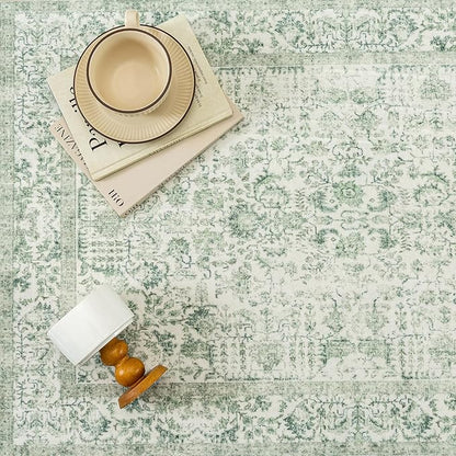 PureCozy Sage Green Area Rug 8x10 Living Room Washable Carpet Vintage Distressed Non Slip Bedroom Carpet Neutral Low Pile Retro Floral Farmhouse Large Rug Home Office Dining Room Playroom