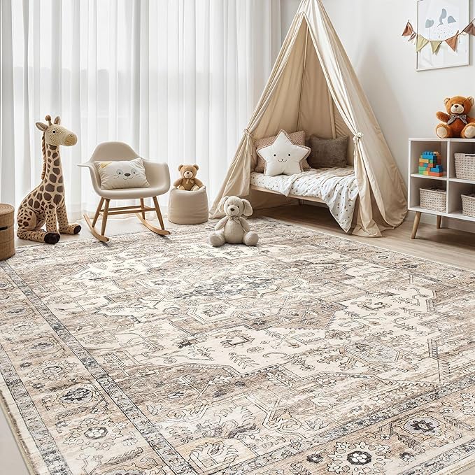 Area Rug 5x7 Washable Vintage - Soft Traditional Rugs for Living Room Large Non Slip Backing with Low Pile Farmhouse Oriental Retro Carpet for Bedroom Dining Room or Home Office - Tea Brown