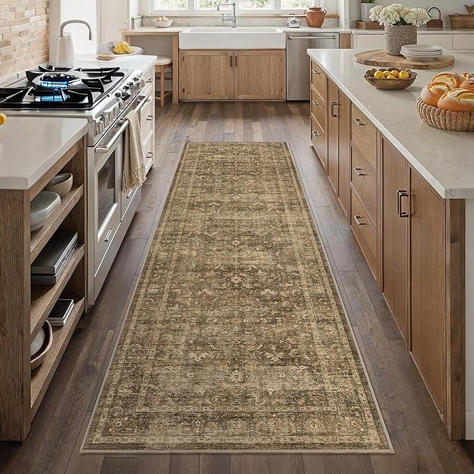 2'6"x8' Brown Runner Rug Hallway Non Slip Washable Area Rugs Kitchen Soft Vintage Boho Long Rug Distressed Floral Carpet Indoor Low Pile Throw Rug for Bedroom Bathroom Laundry Dining Room Office