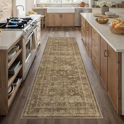 2'6"x8' Brown Runner Rug Hallway Non Slip Washable Area Rugs Kitchen Soft Vintage Boho Long Rug Distressed Floral Carpet Indoor Low Pile Throw Rug for Bedroom Bathroom Laundry Dining Room Office