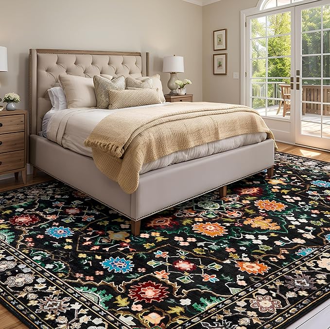 8x10 Area Rugs for Living Room, Machine Washable Vintage Rug, Non-Slip Low Pile Throw Rugs with Rubber Backing Washable Carpet for Bedroom Dining Room Kitchen Home Decor, Black