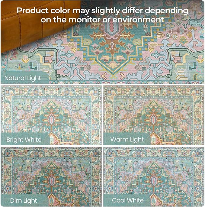 Kokia 9x12 Washable Turquoise Teal Area Rugs with Vintage Orient Design, Soft Rug for Living Room or Bedroom, Non-Slip Low Pile Stain Resistance Features, Distressed Medallion Pattern
