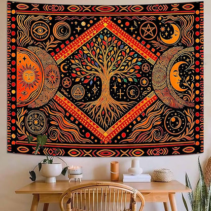 Lunerfex Tree of Life Sun Moon Stars Wall Tapestry, Cosmic Harmony Symbol Tapestries for Home Decor, Mystical Tapestry 90x70 Inch