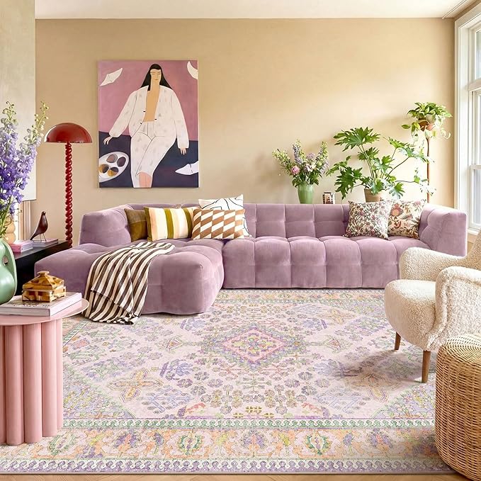 8x10 Area Rugs for Living Room, Machine Washable Low Pile Rug, Non Slip Backing Boho Rugs for Bedroom, Printed Soft Vintage Carpet Lilac Lavender Purple 8 x 10