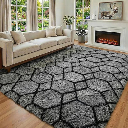ONASAR 6x9 Area Rugs for Living Room Bedroom, Large Fluffy Grey and Black Throw Rug, Geometric Soft Plush Shaggy Fuzzy Floor Carpet for Nursery Kids Girls Boys Teen Dorm Home Office Decor Aesthetic