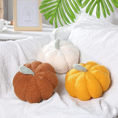 Namalu 3 Pcs Thanksgiving Pumpkin Pillows 3D Throw Cushion Soft Sofa Pillows Stuffed Pumpkin Decoration for Fall Winter Living Room Home Christmas Thank You Gifts(7.87 Inch,White, Yellow, Brown)