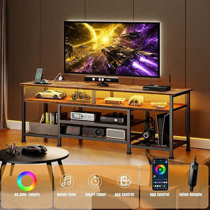 Korfile TV Stand for 60/65/70 inch TV,63 InEntertainment Center with LED Lights and Power Outlets, TV Console Table with Open Shelves for Living Room and Bedroom, Rustic Brown