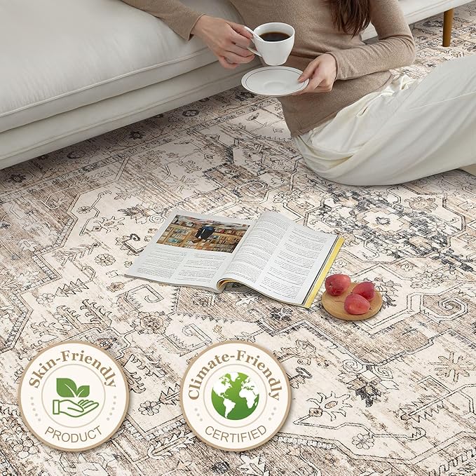 Area Rug 6x9 Washable Vintage - Soft Traditional Rugs for Living Room Large Non Slip Backing with Low Pile Farmhouse Oriental Retro Carpet for Bedroom Dining Room or Home Office - Tea Brown
