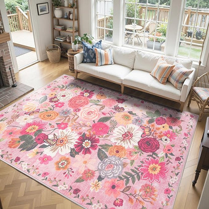 Pink Area Rugs 10x14 for Living Room, Non Slip Machine Washable Floral Rugs, Low Pile Lightweight Large Rug for Bedroom, Dining Room, Home Office