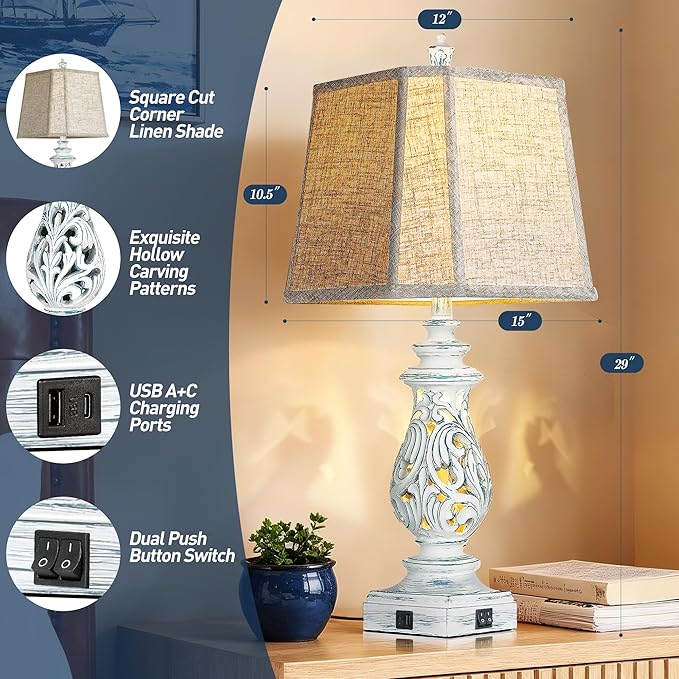 PARTPHONER 29" Table Lamps Set of 2, Bedside Lamps with USB A+C Ports & Night Light, Farmhouse Nightstand Lamps with Linen Fabric Shades for Bedroom Living Room, Washed Blue (LED Bulbs Included)