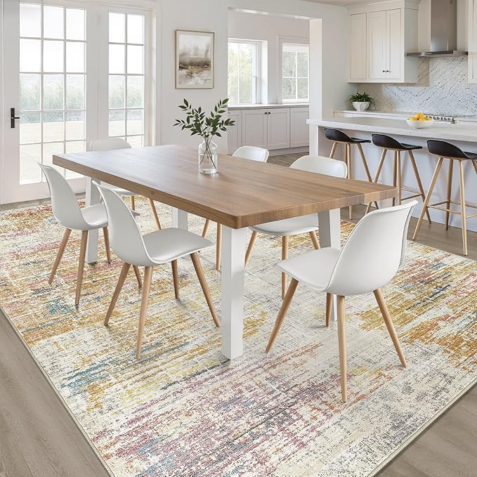 9x12 Area Rugs Living Room: Washable Large Neutral Rug Abstract Soft Modern Stain Resistant Indoor Floor Non-Slip Carpet for Bedroom Nursery Kids Classroom Playroom Dining Room Office- Gold Colorful