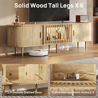 70" Fluted Mid Century Modern TV Stand for TVs Up to 75", Tambour Sliding Doors Entertainment Center with Storage&LED, Janpandi Curved Media&TV Console Long TV Stands for Living Room Bedroom, Oak