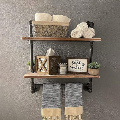 MBQQ Shelving Bathroom Pipe Shelves with Towel Bar Over Toilet, 24 inch Pine Wood Floating Shelves for Wall Mounted Bedroom,Kitchen, Farmhouse, Living Room
