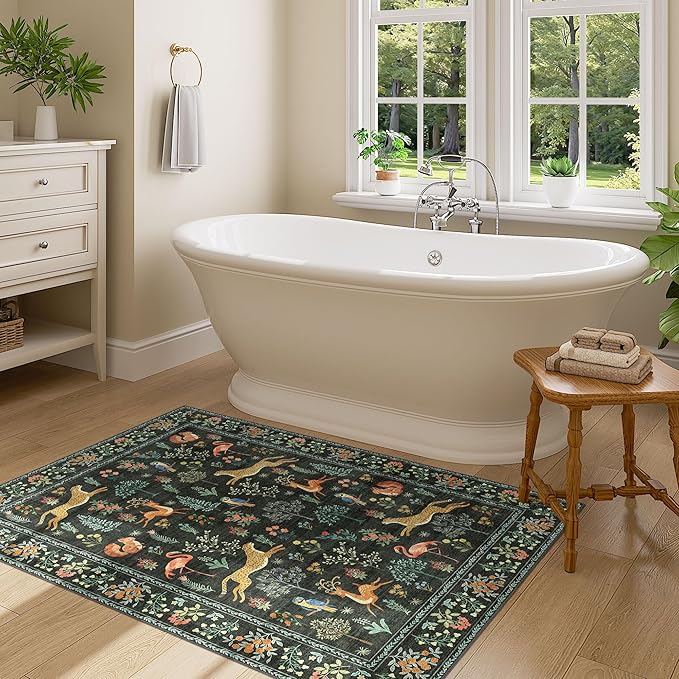 DUKINO 3x4 Washable Entryway Rug, Vintage Animal Ultra Soft Kitchen Area Rug with Non Slip Backing, Low Pile & Stain Resistant Indoor Door Mat for Bathroom, Bedroom, Laundry Room, Office, Black