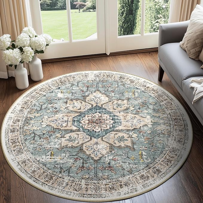 BESTSWEETIE 6ft Area Rug Washable Rugs for Living Room, No Pile Boho Carpet for Entryway Bedroom Dinning Room, Vintage Carpet Print Distressed Non-Slip, 72" Round, Green Brick Rust Red
