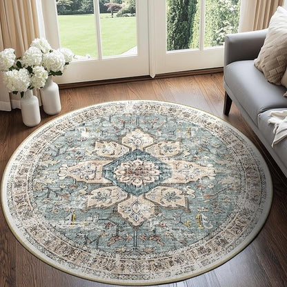 BESTSWEETIE 6ft Area Rug Washable Rugs for Living Room, No Pile Boho Carpet for Entryway Bedroom Dinning Room, Vintage Carpet Print Distressed Non-Slip, 72" Round, Green Brick Rust Red