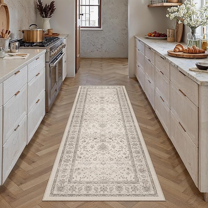 PureCozy 2x6 Runner Rug Beige Washable Hallway Vintage Carpet Kitchen Small Long Non Slip Stain Soft Resistant Low Pile Thin Boho Accent Indoor Throw Rug for Bedroom Laundry Living Room