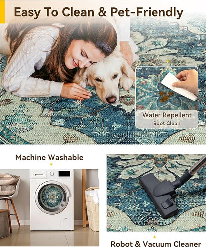 RELEANY Area Rugs Round 4ft Washable Non-Slip, Floral Vintage Distress Print Pattern Medallion Carpet for Living Room Bedroom Dining Room, Dark Blue Vintage