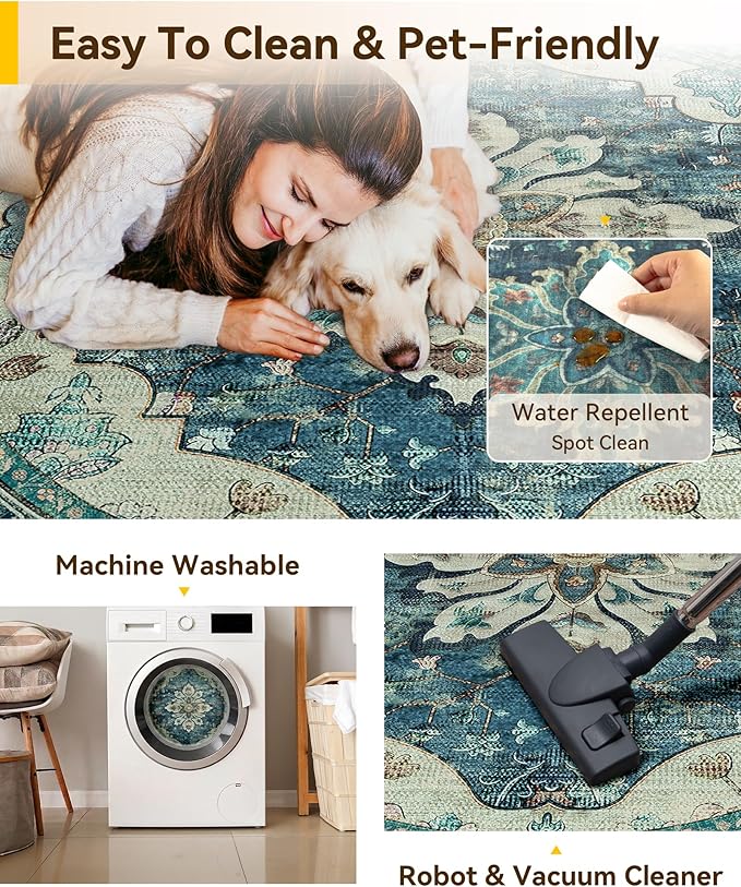 RELEANY Area Rugs Round 8ft Washable Non-Slip, Floral Vintage Distress Print Pattern Medallion Carpet for Living Room Bedroom Dining Room, Dark Blue Vintage