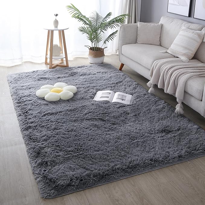 KICHOWUA Area Rug 5x7 Grey Fluffy Shag for Bedroom, Extra Soft Plush Fuzzy Washable Thickened Non-Slip Floor Carpet for Living Room, Cozy Furry Shaggy Rug for Kids Baby Boys Girls Nursery Dorm