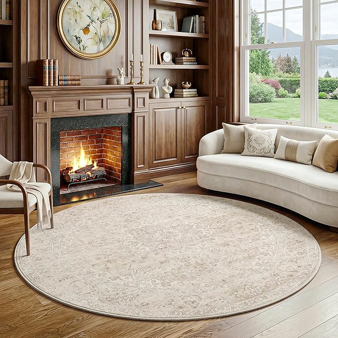 FMFUNCTEX 6ft Round Washable Area Rug Beige Vintage Neutral Oriental Distressed Non Slip Carpet for Living Room Bedroom Soft Low Pile Indoor Mat Retro Cream Rug for Dining Room Office Nursery Entry