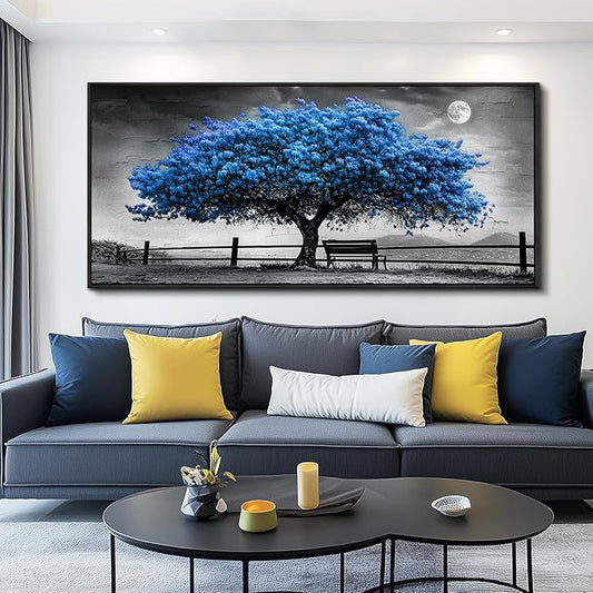 FUHAIHUA Canvas Wall Art For Living Room Large Wall Decor For Office Bedroom Decorations Black And White Landscape Pictures Blue Tree Painting Artwork Room Wall Mural Aesthetic Home Decor 32x72 In