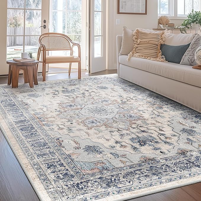 BESTSWEETIE 5x7 Area Rug Washable Rugs for Living Room, No Pile Boho Carpet for Entryway Bedroom Dinning Room, Vintage Carpet Print Distressed Non-Slip, 5 x 7 ft, Beige Blue
