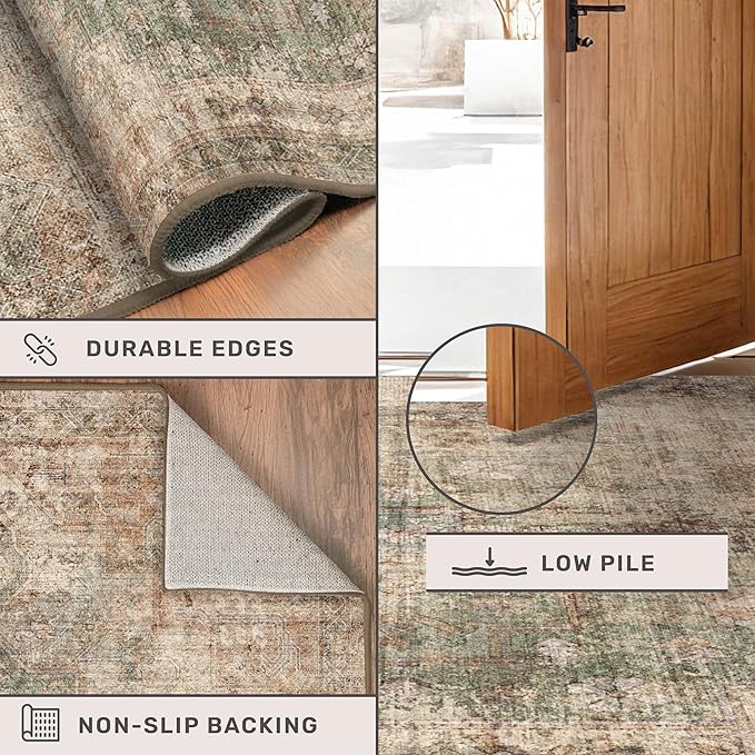 Green Brown Area Rug for Living Room – Washable 7x9 Rustic Farmhouse Carpet for Dining Room, Bedroom Under Bed, Non-Slip with Rubber Backing & Stain Resistant, Rust Taupe Faded Print Decor