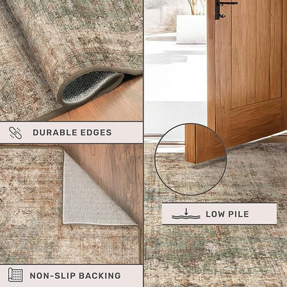 Green Brown Area Rug for Living Room – Washable 7x9 Rustic Farmhouse Carpet for Dining Room, Bedroom Under Bed, Non-Slip with Rubber Backing & Stain Resistant, Rust Taupe Faded Print Decor